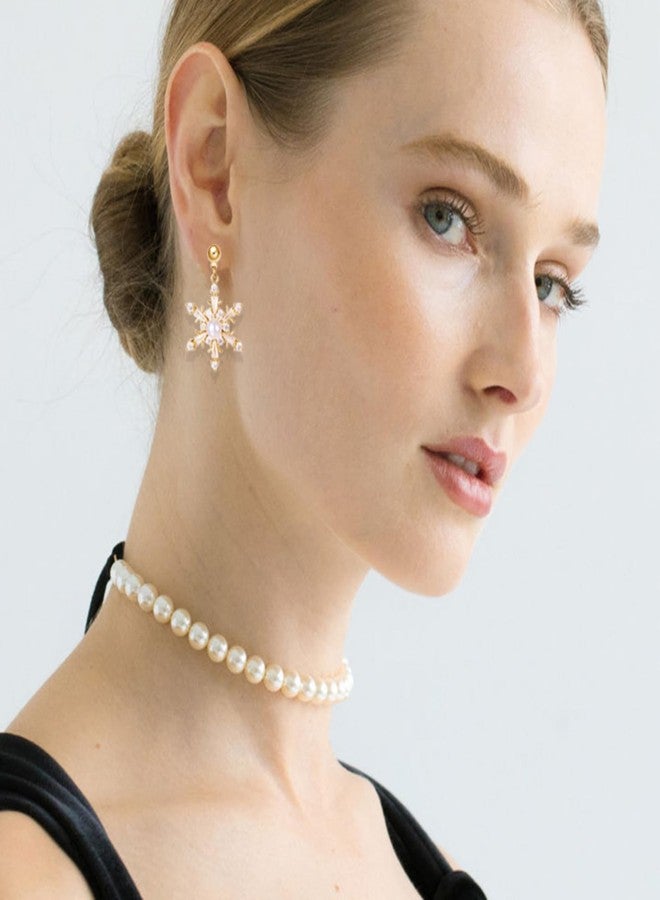 WCRAZYE Snowflake Earrings for Women Elegant Rhinestone Winter Pearl Snowflake Flower Christmas Earrings Christmas Holiday Jewelry (CZ Gold) - Image 3